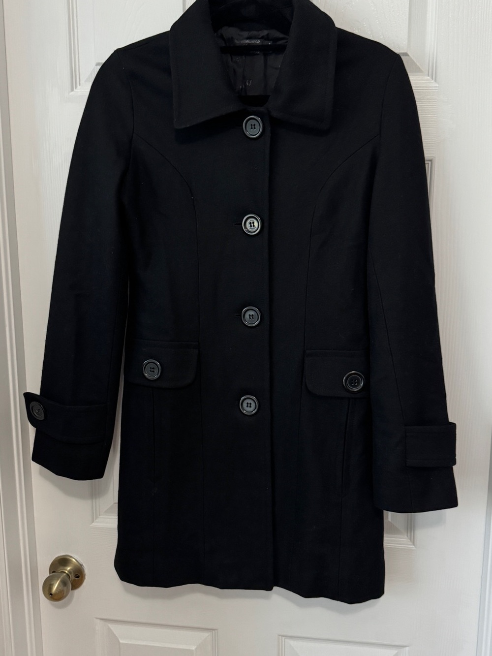 Women's Black Wool-Blend Pea Coat with Button Front - Picture 5 of 7
